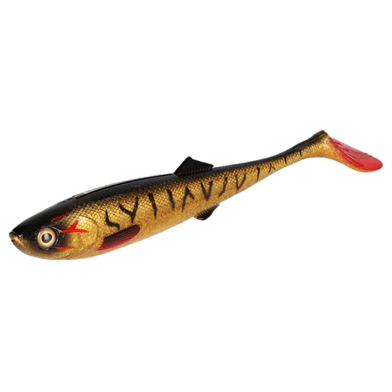 Amostra de vinil tipo shad Mikado Sicario 14cm na cor Spotted Bullhead, com tons esverdeados, dorso escuro e padrão pintado com manchas características que imitam um peixe de fundo, ideal para a pesca de predadores.