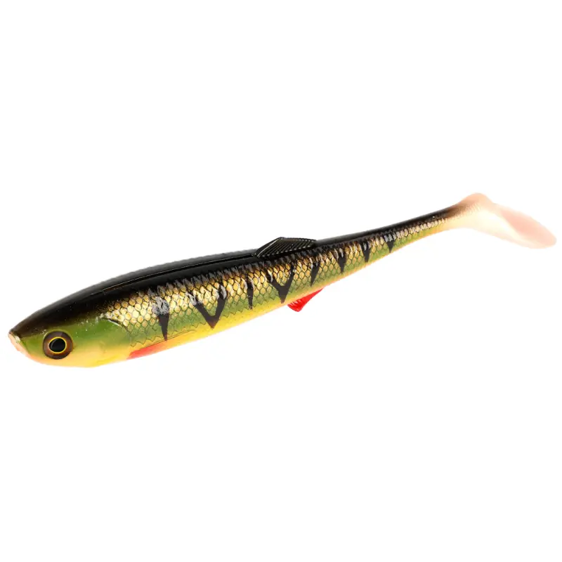 Amostra de vinil tipo shad Mikado Sicario 8,5cm na cor Bloody Perch, com padrão de perca com acentos vermelhos intensos que simulam sangue, ideal para atrair percas e lúcio-percas.