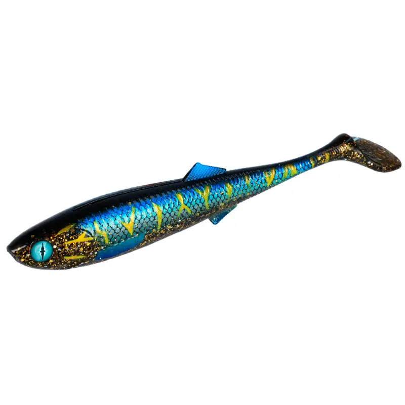 Amostra de vinil tipo shad Mikado Sicario 8,5cm na cor Cosmo Blue, com tons azuis profundos e acabamento brilhante que imita pequenos peixes de mar ou água doce, ideal para a pesca de percas e lúcio-percas.