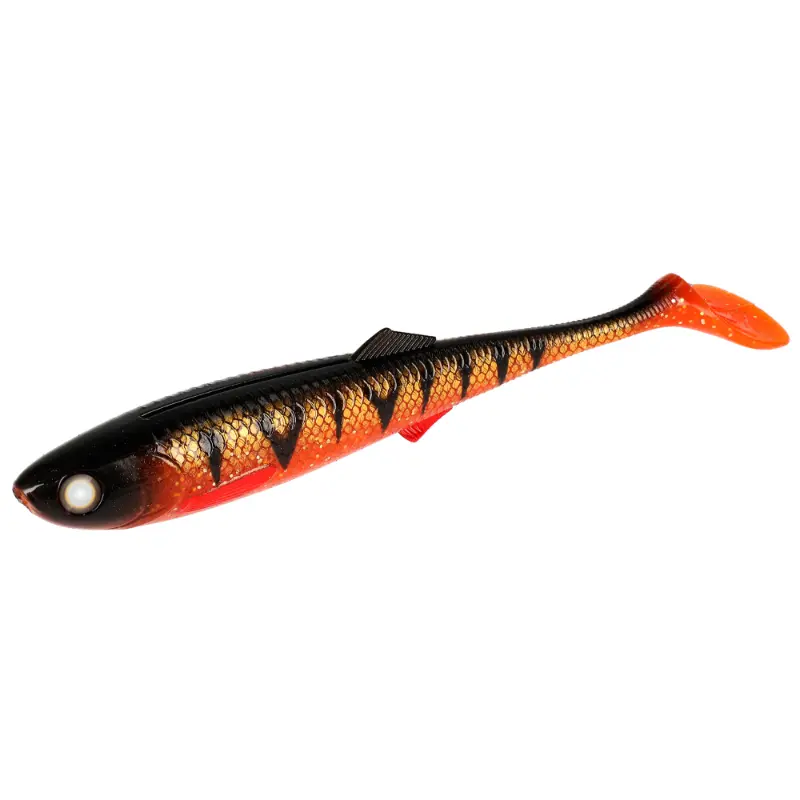 Amostra de vinil tipo shad Mikado Sicario 8,5cm na cor Orange Perch, combinando um padrão de perca com tons alaranjados vibrantes, ideal para atrair percas e lúcio-percas.