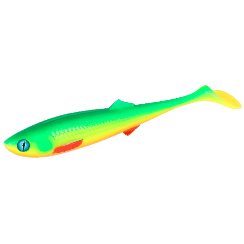 Amostra de vinil tipo shad Mikado Sicario 8,5cm na cor Yellow Lime, com um tom amarelo-limão altamente visível e vibrante, ideal para atrair predadores em condições de baixa visibilidade ou águas turvas.