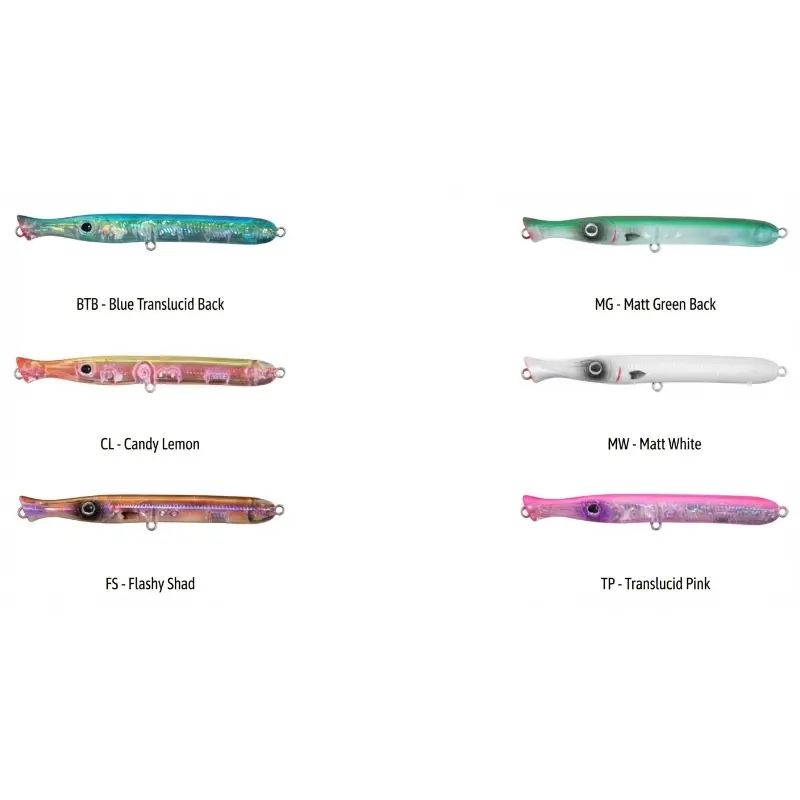 Amostra de pesca Don Belone Mini apresentada em todas as opções de cores disponíveis para spinning de mar e captura de robalo.