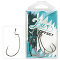 Embalagem de 6 anzóis Mikado Jaws Offset tamanho 2/0, acabamento Black Nickel, com ponta Delta Point e farpa, para montagens Texas Rig e Carolina Rig.