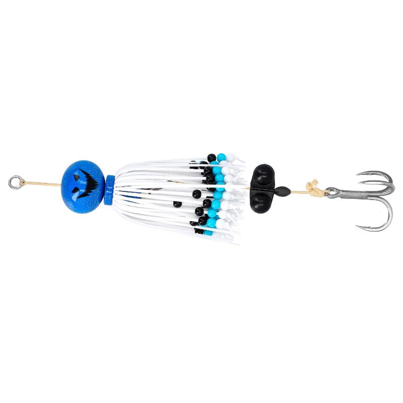 Amostra CAT TERRITORY BOGEY 140G de 140g na cor Sky (azul), desenhada para pesca de siluro e grandes predadores. Inclui cabeça com design de abóbora azul, saia de silicone com missangas, chocalho e anzol triplo reforçado, isolada sobre fundo branco.