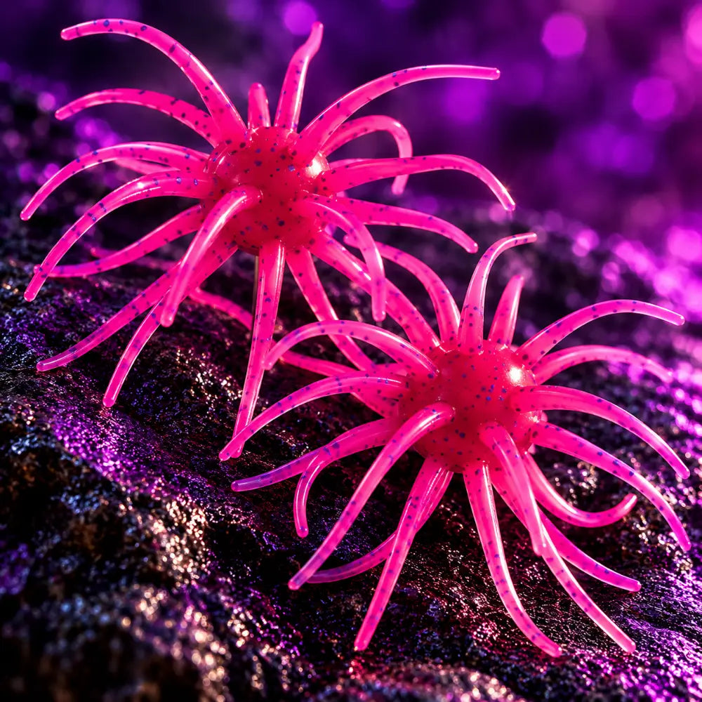 Duas amostras Coike tipo ouriço da R.A. Vinil Workshop para pesca ao achigã, em rosa fluorescente com pintas azuis e filamentos flexíveis, sobre fundo púrpura.
