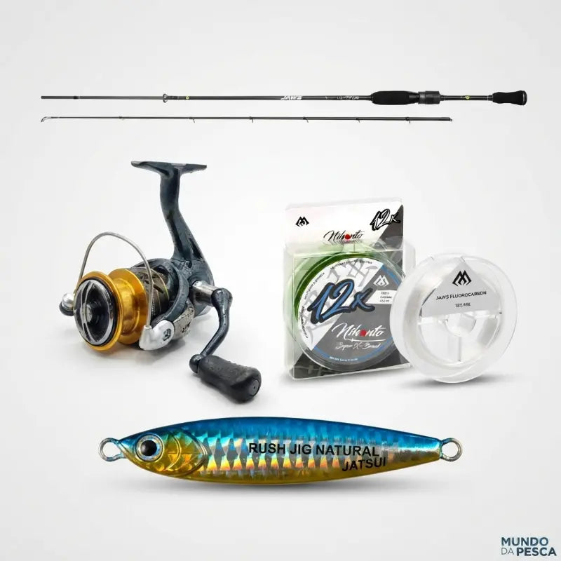 Combo completo de Light Rock Fishing (LRF) com cana Mikado Jaws Light Fun 202, carreto TICA PerfPursuit PS1000, multifilamento Mikado Nihonto 12X, fluorocarbono Mikado Jaws e jig Jatsui Rush Jig de oferta.