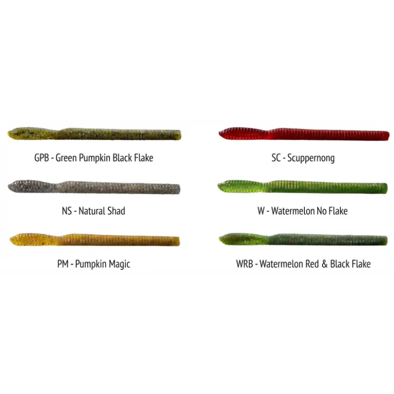 Amostra de vinil Fishus Bass Trap em apresentação de catálogo com todas as cores disponíveis, incluindo Green Pumpkin Black Flake, Scuppernong, Natural Shad, Watermelon No Flake, Pumpkin Magic e Watermelon Red & Black Flake