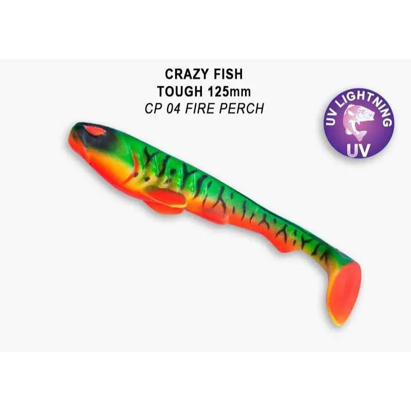 Amostras de silicone Crazy Fish Tough em tamanhos 125mm e 155mm e cor Fire Perch para pesca de predadores na Mundo da Pesca