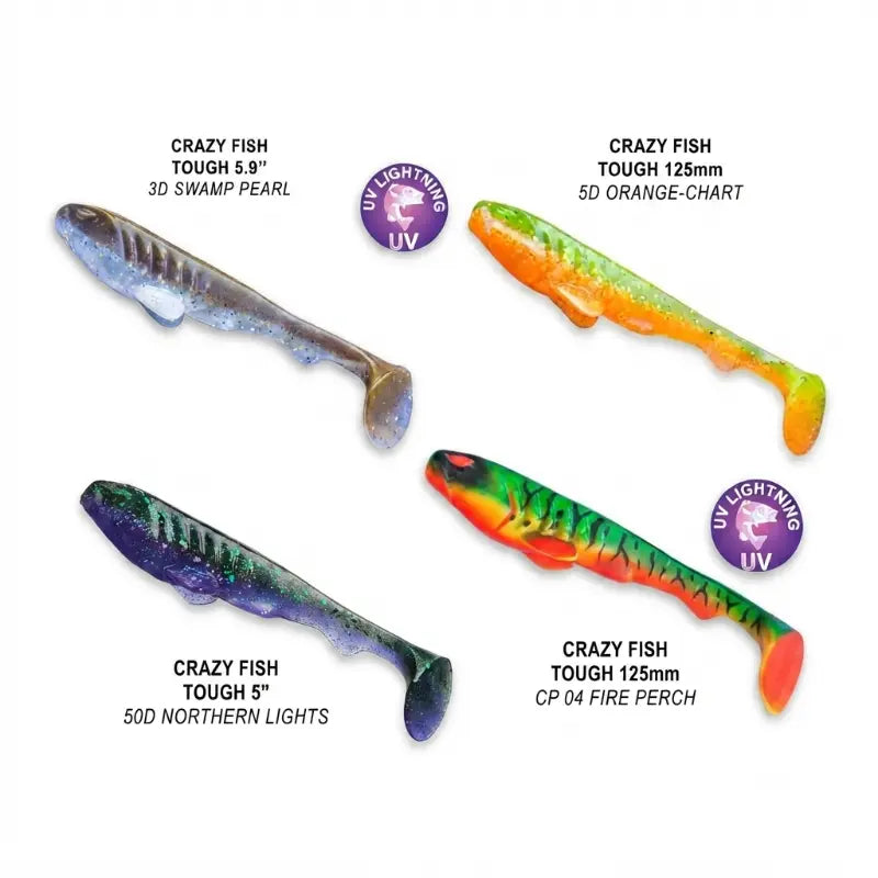 Amostras de silicone Crazy Fish Tough em tamanhos 125mm e 155mm e cores Swamp Pearl, Orange-Chart, Northern Lights, Fire Perch para pesca de predadores na Mundo da Pesca