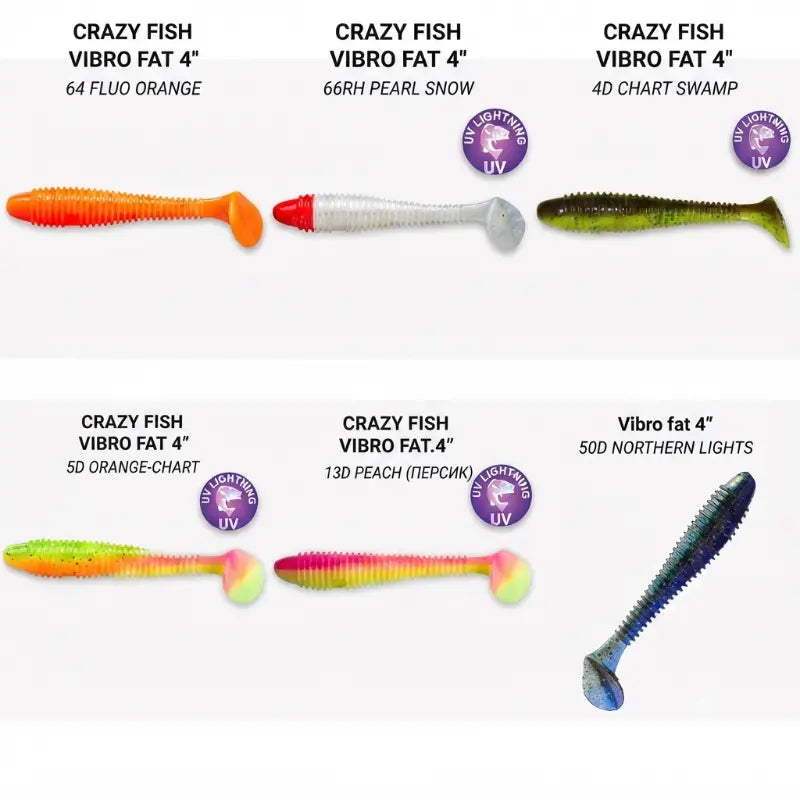 Amostra de vinil Crazy Fish Vibro Fat 10cm cor 6 cores para pesca de achigã e predadores