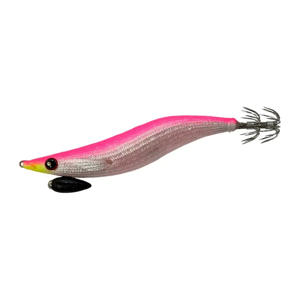 Palhaço DTD Ballistic Diamond Egi 3.5 para pesca de lulas e chocos, cor rosa com corpo prateado refletor, cabeça amarela e dupla coroa de anzóis.