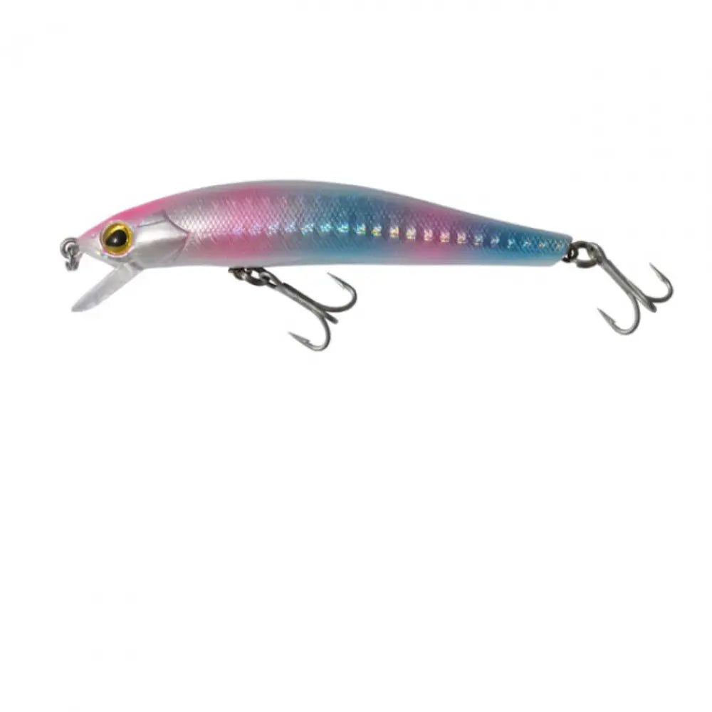 Amostra DTD Gavun 50 Hologram Pearl para pesca LRF e spinning ultraligeiro, com 50 mm, acabamento holográfico rosa e azul, olhos 3D, pala frontal e duas fateixas.