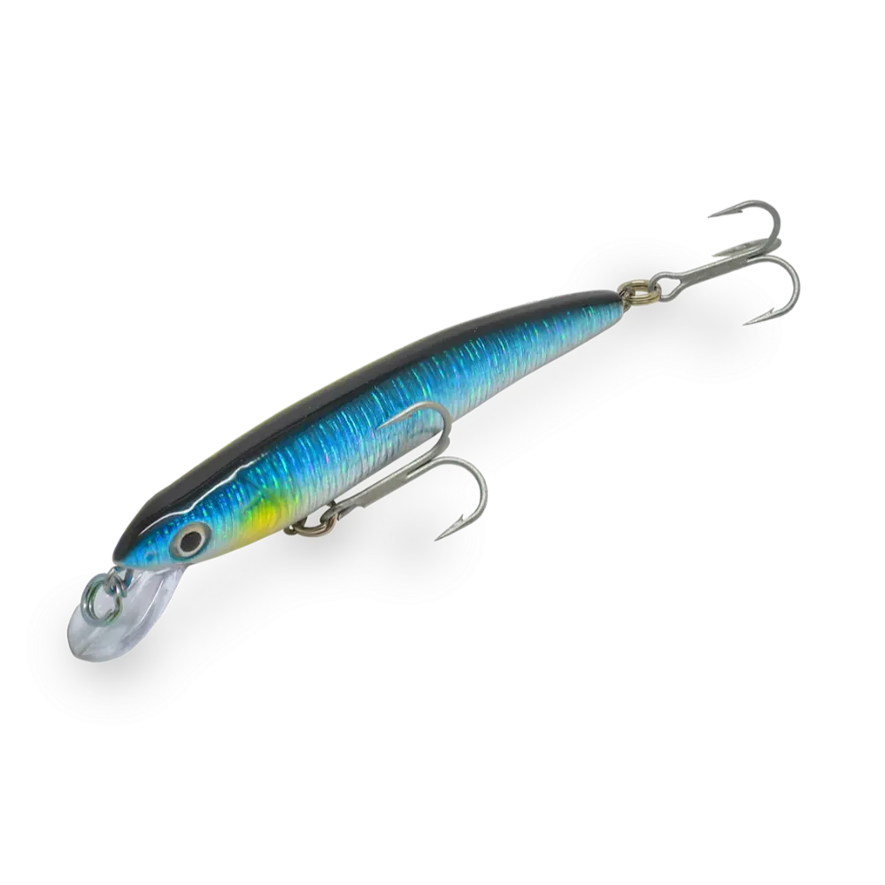 Amostra DTD Gavun 70 Hologram flutuante, com 70 mm e 4,4 g, acabamento holográfico, pala frontal e duas fateixas VMC, para pesca LRF e Spinning ultraligeiro de robalos.