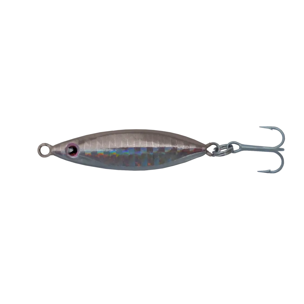 DTD Micro Jig 8g Pearl, amostra metálica para pesca LRF e micro jigging, com acabamento perolado e holográfico, olho realista e fateixa traseira.