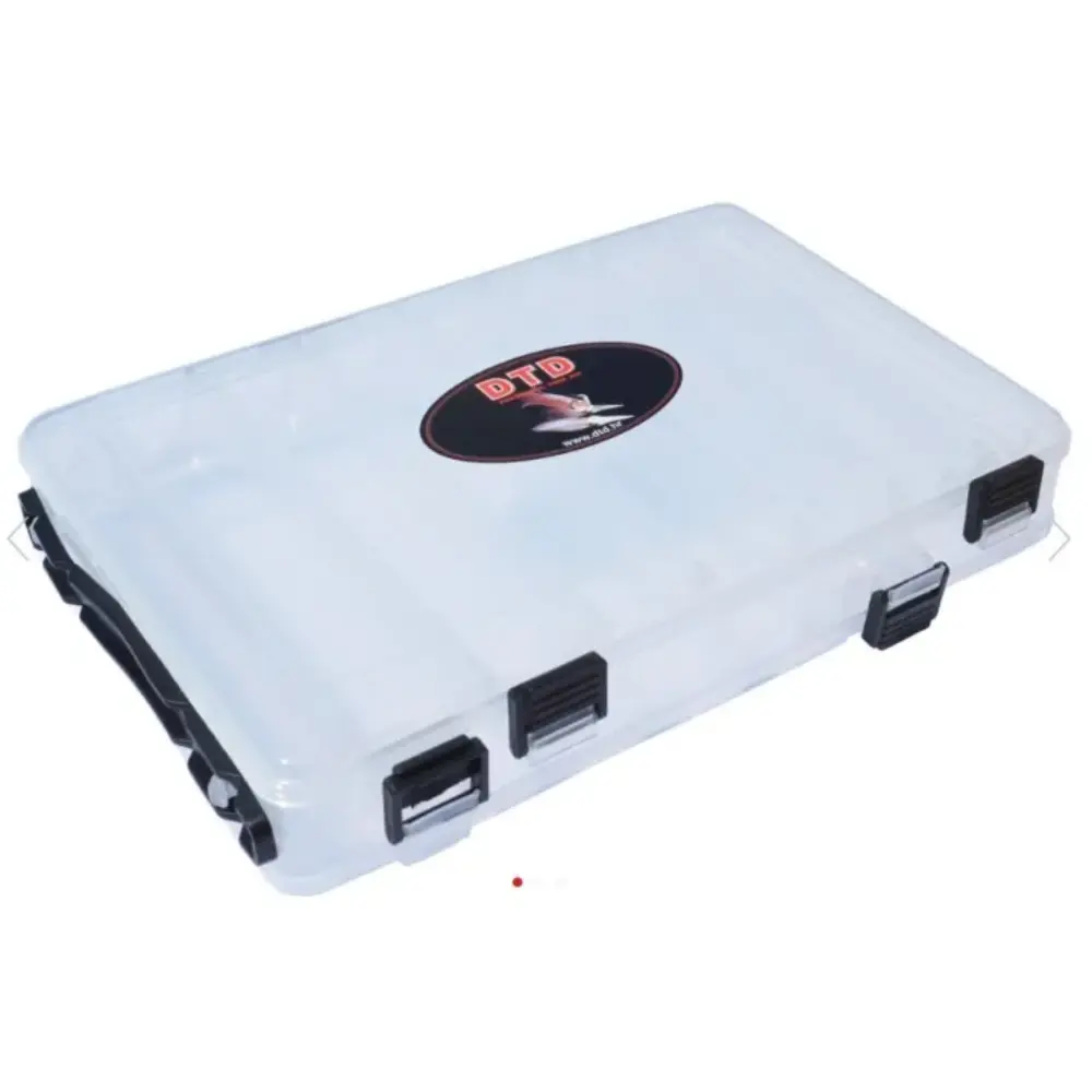 Caixa DTD Squid Jigs Box para arrumação de palhaços de pesca de lulas e chocos, com tampa translúcida, fechos pretos e abertura dos dois lados, disponível em L e XL.