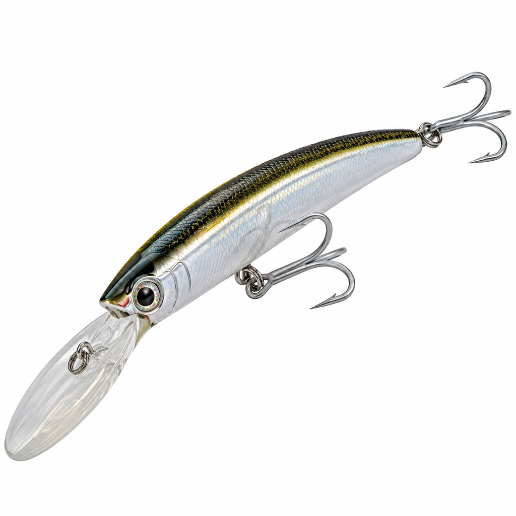 Amostra DTD Turbo Gavun DD 90 para pesca ao corrico de robalos, cor Natural Smelt, 90 mm, corpo prateado com dorso escuro, olhos 3D, pala de mergulho e duas âncoras triplas VMC.