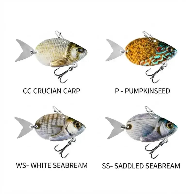 Mostruário com as quatro cores da amostra Fishus Esparrall Metal Vib 35mm 10g para LRF: CC Crucian Carp, P Pumpkinseed, SS Saddled Seabream e WS White Seabream.