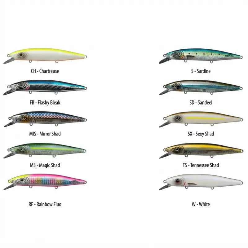 Gama completa de amostras de pesca Fishus Espetit Blitz, mostrando as 10 cores disponíveis: Chartreuse, Flashy Bleak, Mirror Shad, Magic Shad, Rainbow Fluo, Sardine, Sandeel, Sexy Shad, Tennessee Shad e White, dispostas numa grelha sobre fundo branco.