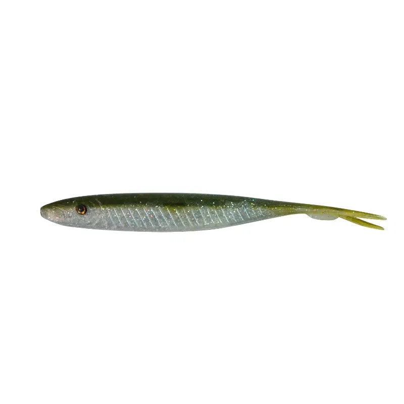Amostra Fishus Espetit Soft Jerk de 12cm na cor Olive Shad, com tom esverdeado natural e dorso escuro, ideal para spinning e light game.