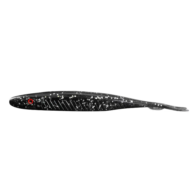 Amostra Fishus Espetit Soft Jerk de 12cm na cor Shiny Smoke, com acabamento escuro brilhante com glitter, ideal para spinning e light game.