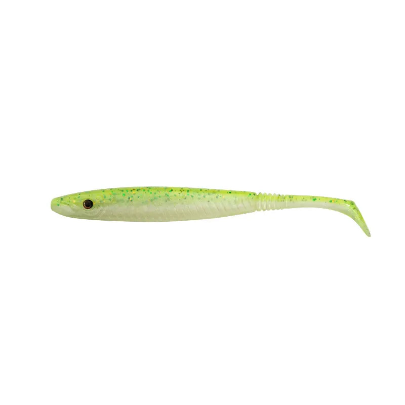 Amostra Fishus Espetit Soft Shad de 10cm na cor Chartreuse, com tom amarelo-limão fluorescente, ideal para spinning e light game.