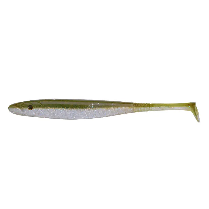 Amostra Fishus Espetit Soft Shad de 10cm na cor Olive Shad, com tom esverdeado natural e dorso escuro, ideal para spinning e light game.