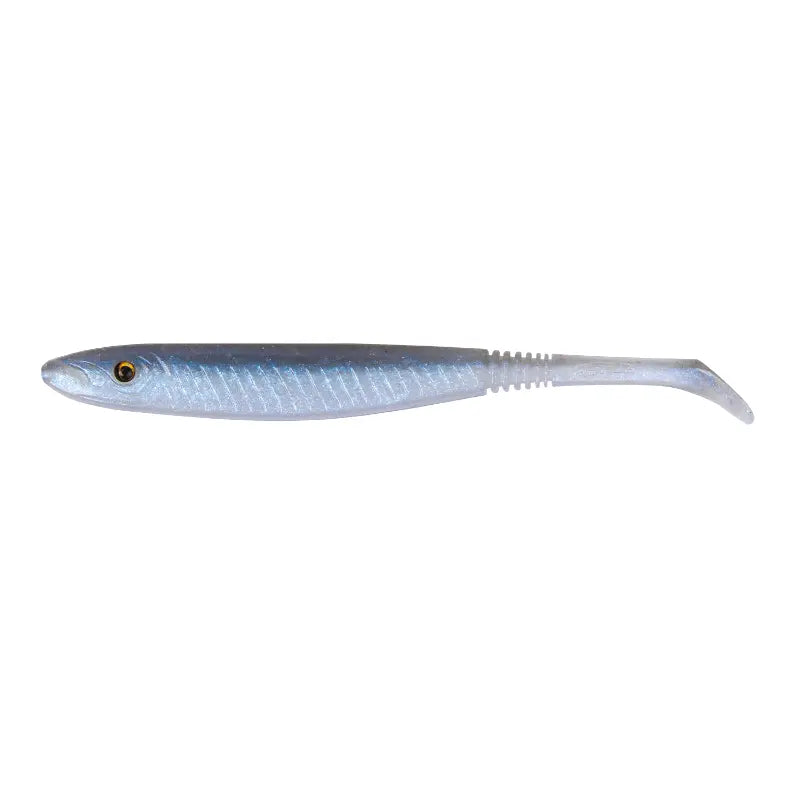 Amostra Fishus Espetit Soft Shad de 10cm na cor Pro Blue, apresentando um dorso azulado realista e corpo translúcido, ideal para spinning e light game.