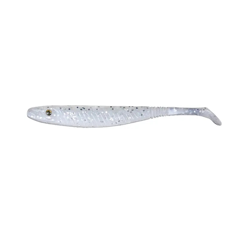 Amostra Fishus Espetit Soft Shad de 10cm na cor White Silver Flake, com base branca e partículas prateadas brilhantes, ideal para spinning e light game.