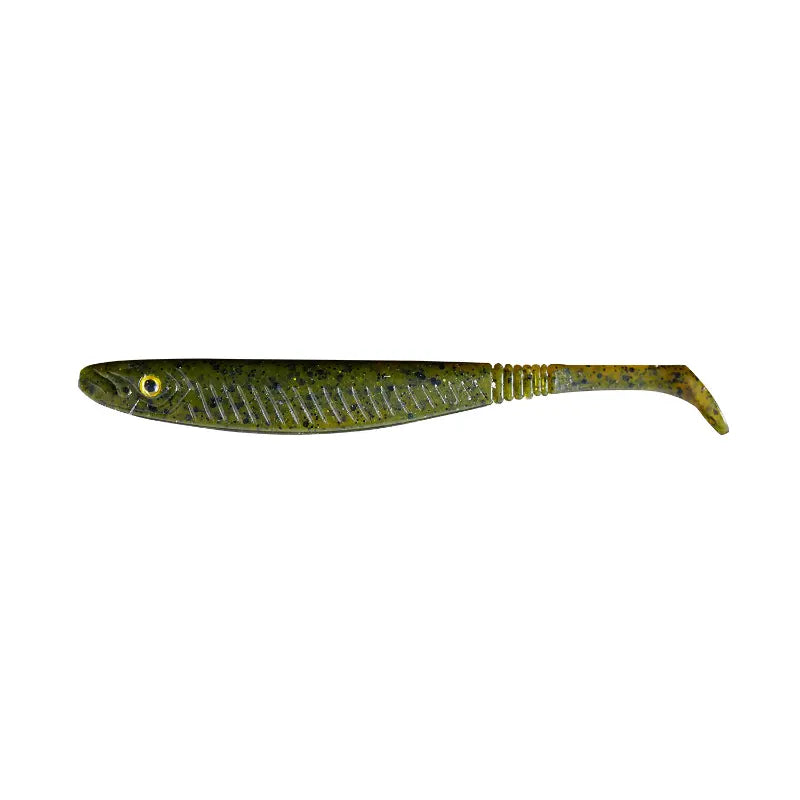 Amostra Fishus Espetit Soft Shad de 8cm na cor Green Pumpkin Black Flake, com tom abóbora escuro e partículas pretas, ideal para spinning e light game.