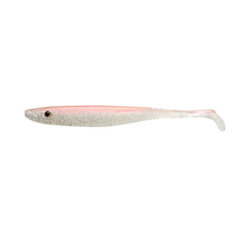 Amostra Fishus Espetit Soft Shad de 8cm na cor Magic White, com tom perolado e reflexos subtis, ideal para spinning e light game.