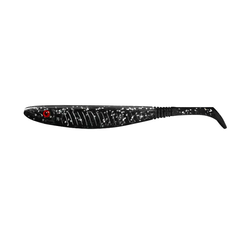 Amostra Fishus Espetit Soft Shad de 8cm na cor Shiny Smoke, com acabamento escuro brilhante e glitter, ideal para técnicas de spinning e light game.