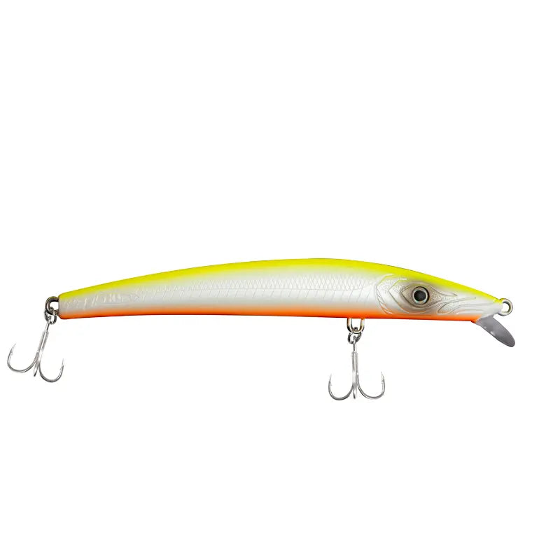 Amostra de pesca Fishus Espetron Long Minnow 110mm e 10.5g, modelo long jerkbait suspending e silencioso em cor CH - Chartreuse 