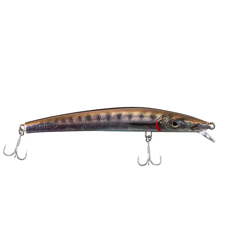 Amostra de pesca Fishus Espetron Long Minnow 110mm e 10.5g, modelo long jerkbait suspending e silencioso em cor GC - Grey Cuda