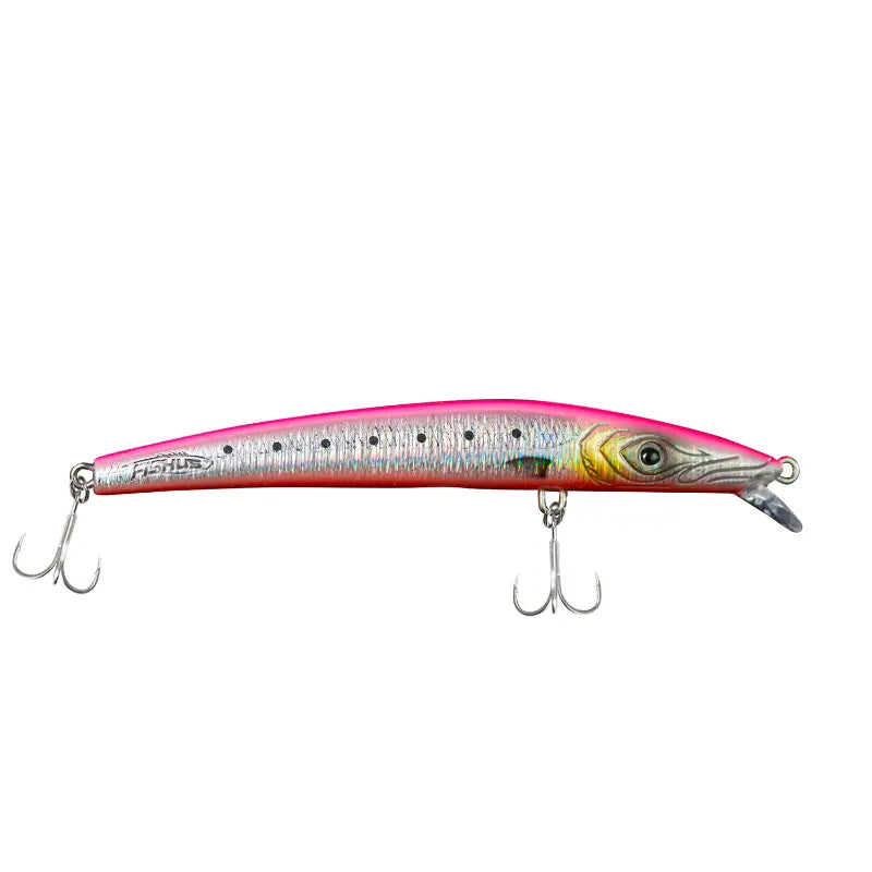 Amostra de pesca Fishus Espetron Long Minnow 110mm e 10.5g, modelo long jerkbait suspending e silencioso em cor PS - Pink Sardine
