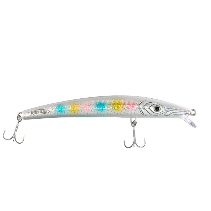 Amostra de pesca Fishus Espetron Long Minnow 110mm e 10.5g, modelo long jerkbait suspending e silencioso em cor RWW - Rainbow White