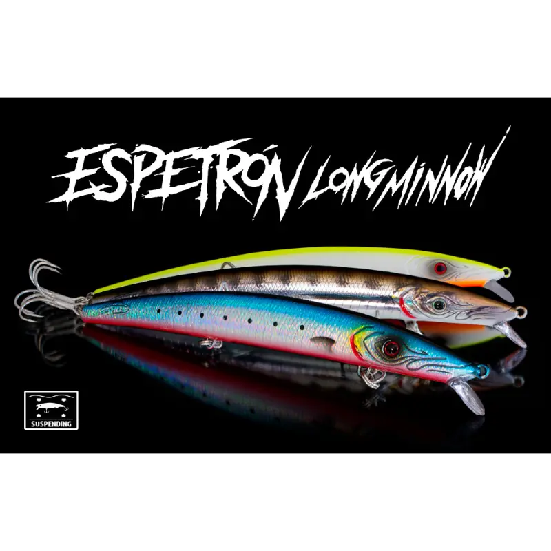 Amostra de pesca Fishus Espetron Long Minnow 110mm e 10.5g, modelo long jerkbait suspending e silencioso em plano lateral