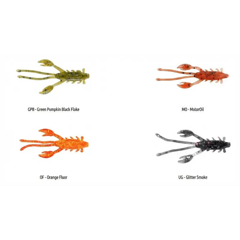 Gama de cores Fishus Mojo Nymph - pacote com 4 amostras TPE para light game (Green Pumpkin, MotorOil, Orange Fluor, Glitter Smoke)