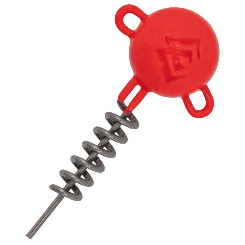 Jig Head Jaws com sistema de mola de rosca em cor Laranja UV, detalhando a cabeça de chumbo e a argola inferior para fixação de anzol auxiliar