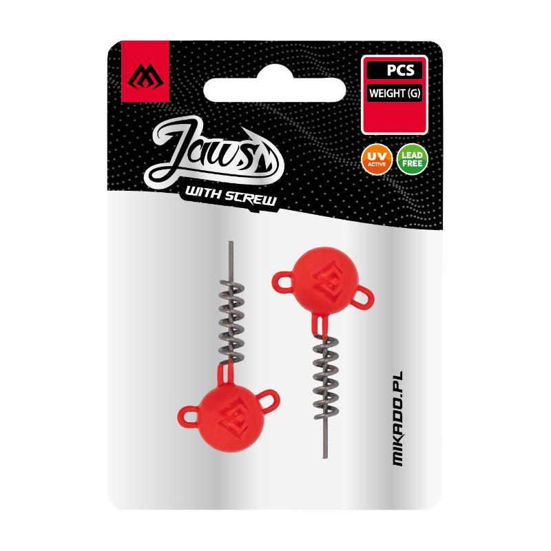 Embalagem de venda das Jig Heads Jaws com Rosca na cor Laranja UV, mostrando o blister com as unidades do produto visíveis e o logótipo da marca JAWS.