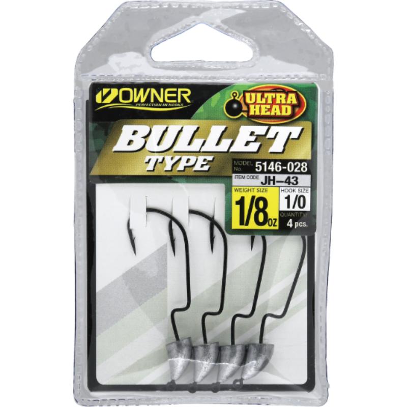 Jighead Owner 5146 JH-43 Bullet Head com cabeça em forma de bala e anzol offset para pesca sem enroscos.