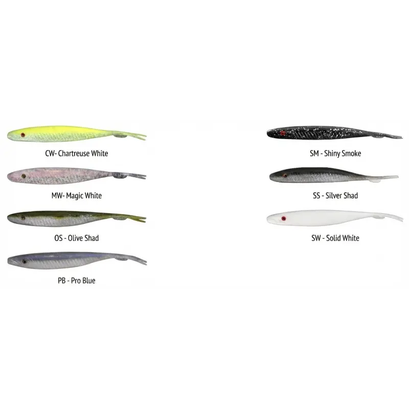Catálogo completo de cores para amostras de vinil de pesca, mostrando as variantes: Chartreuse White, Magic White, Olive Shad, Pro Blue, Shiny Smoke, Silver Shad e Solid White de 8cm