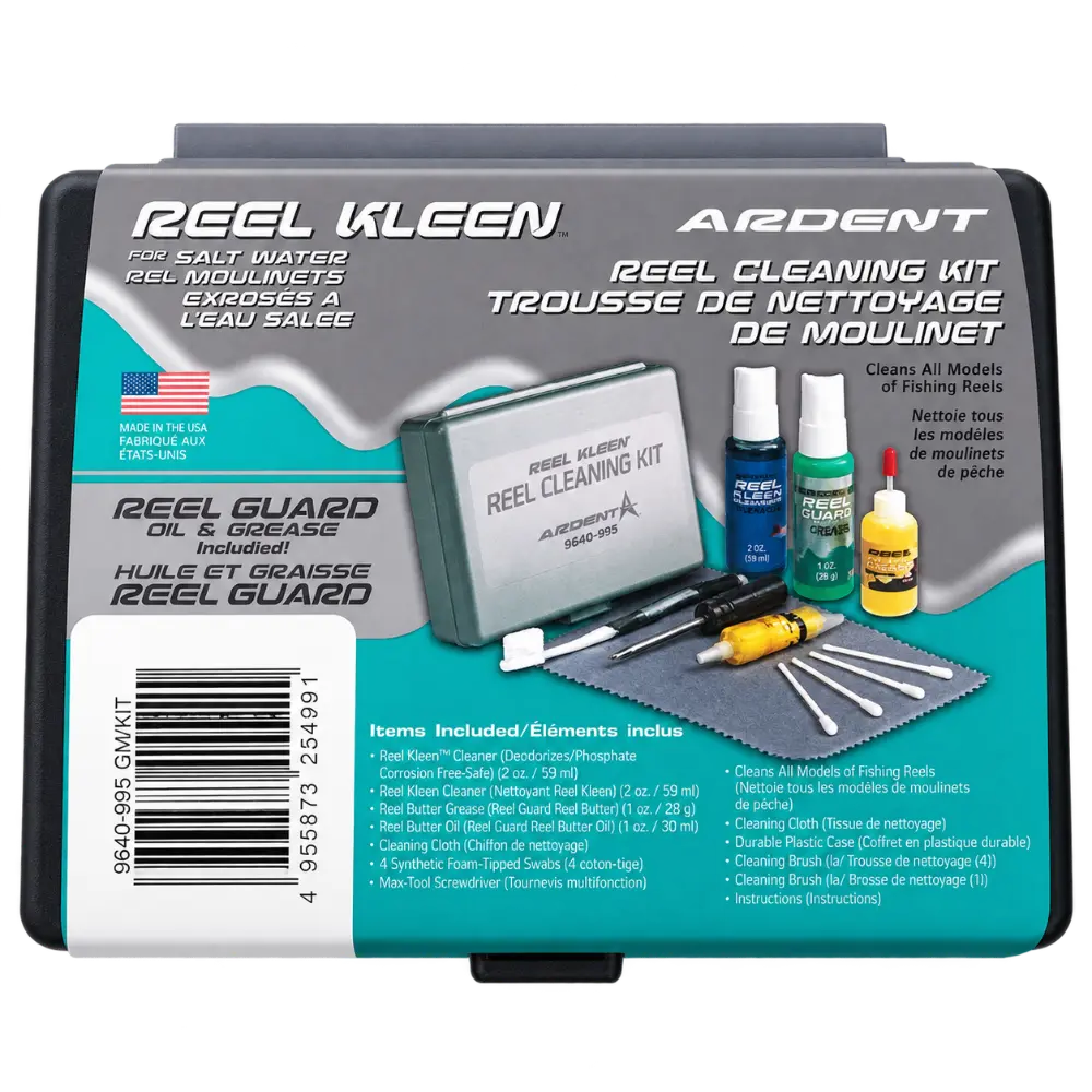 Embalagem original do kit de limpeza de carretos Ardent Reel Kleen 9640-995, com estojo de manutenção, produtos de limpeza, óleo, massa lubrificante e acessórios.