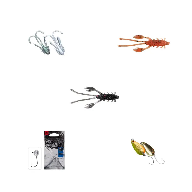 Pack completo de pesca finesse para barbos incluindo vinis Fishus Mojo Nymph, Crazy Fish Allure, jig heads Jaws Micro e amostra ondulante Lema.