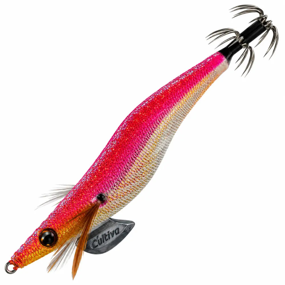 Palhaço EGI Owner Cultiva Draw4 EXP 2.5, cor 01 Rosa UV/Dourado, para pesca de lulas e chocos, com corpo rosa brilhante e dupla coroa de anzóis.
