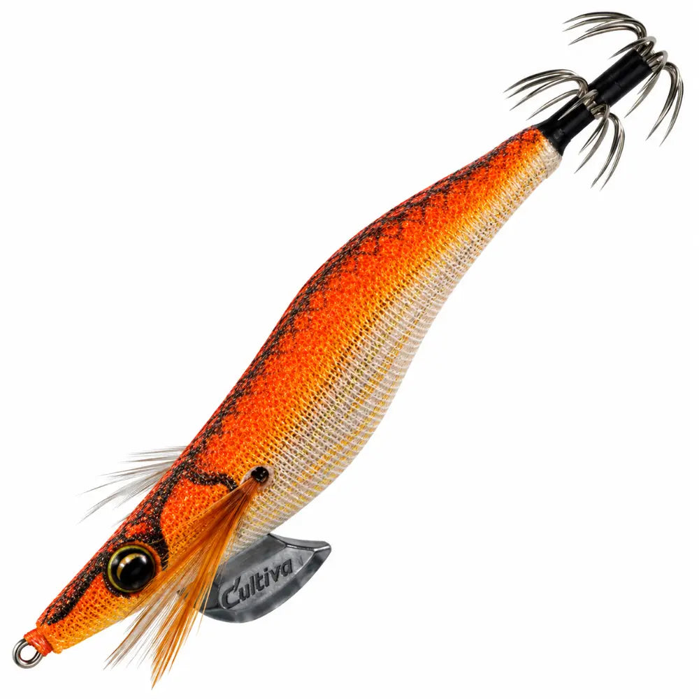 Palhaço EGI Owner Cultiva Draw4 EXP 2.5, cor 02 Laranja UV/Dourado, para pesca de lulas e chocos, com corpo laranja brilhante e dupla coroa de anzóis.