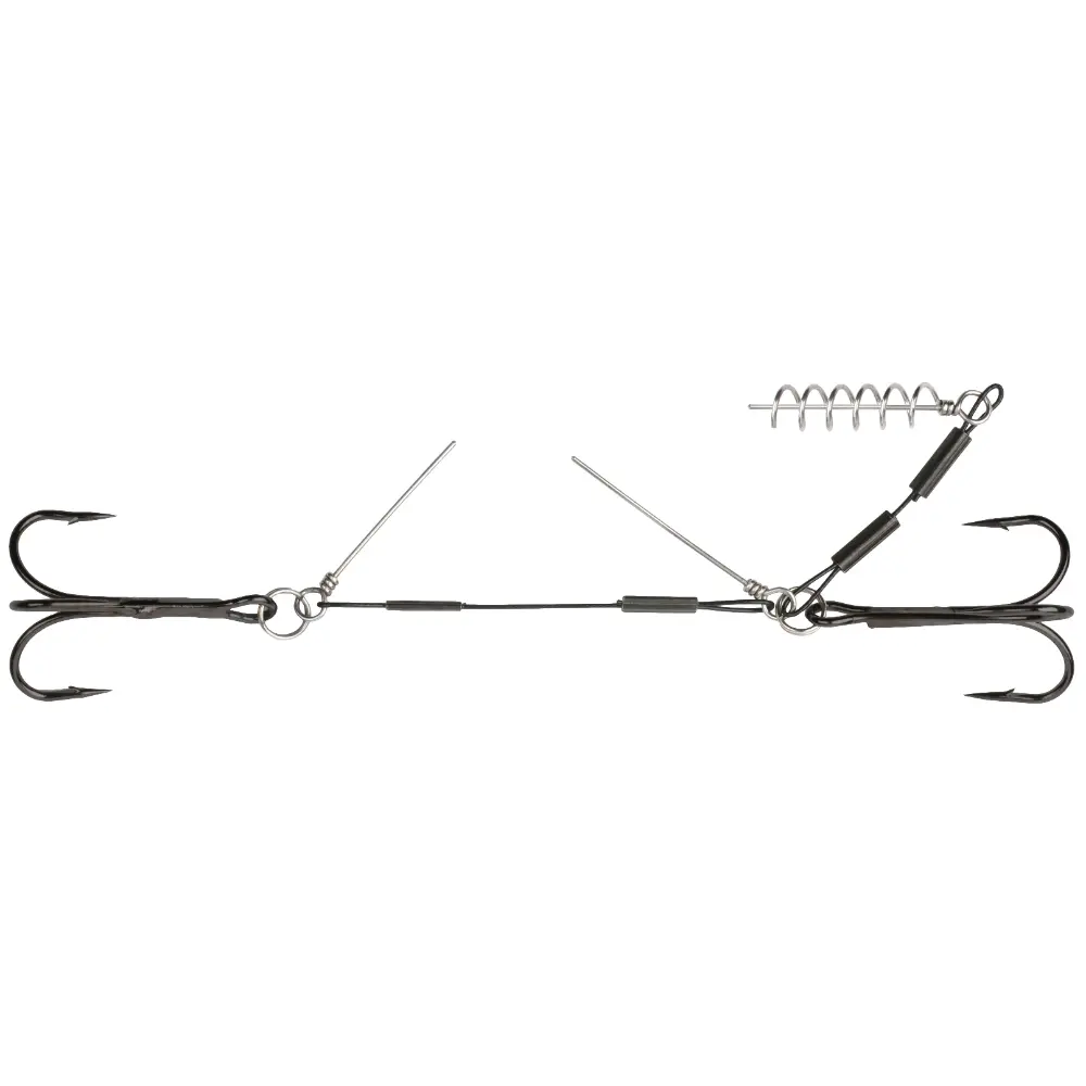 Stinger Mikado Jaws Steel Double 4+6 cm com cabo de aço de 24 kg, duas fateixas 1/0, mola de enroscar e pinos de fixação para vinis de 14 a 18 cm.