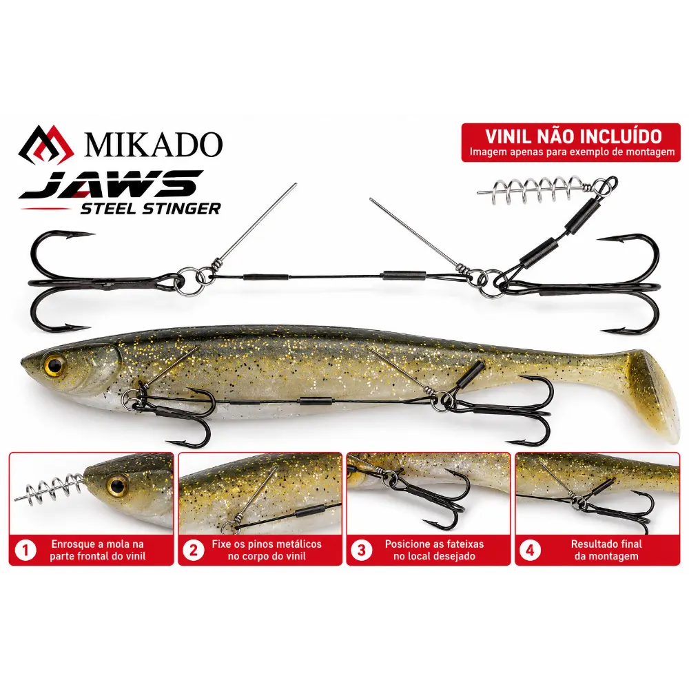 Guia de montagem do Stinger Mikado Jaws Steel Double 4+6 cm 24 kg em vinil, com duas fateixas 1/0, mola de enroscar e pinos de fixação. Vinil não incluído.