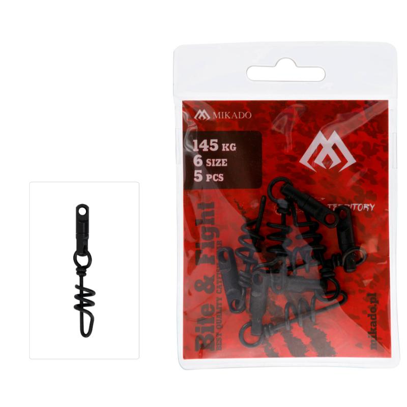 Embalagem de 5 unidades de swivel com snap roscado preto mate em aço de alta resistência para grandes predadores.