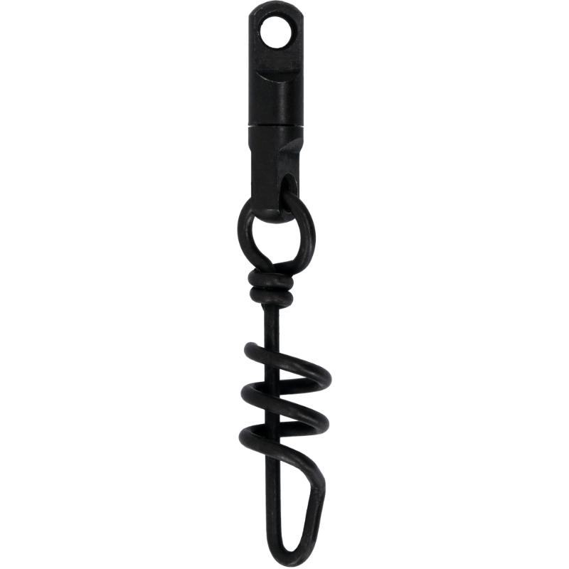 Detalhe do swivel com snap roscado preto mate em aço de alta resistência.