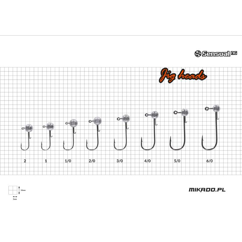 Tabela e amostra dos diferentes tamanhos disponíveis para o jig head Mikado Sensual para pesca com vinis.